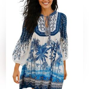 Farm Rio Palm Tree Beach Off-White Mini Dress NWT